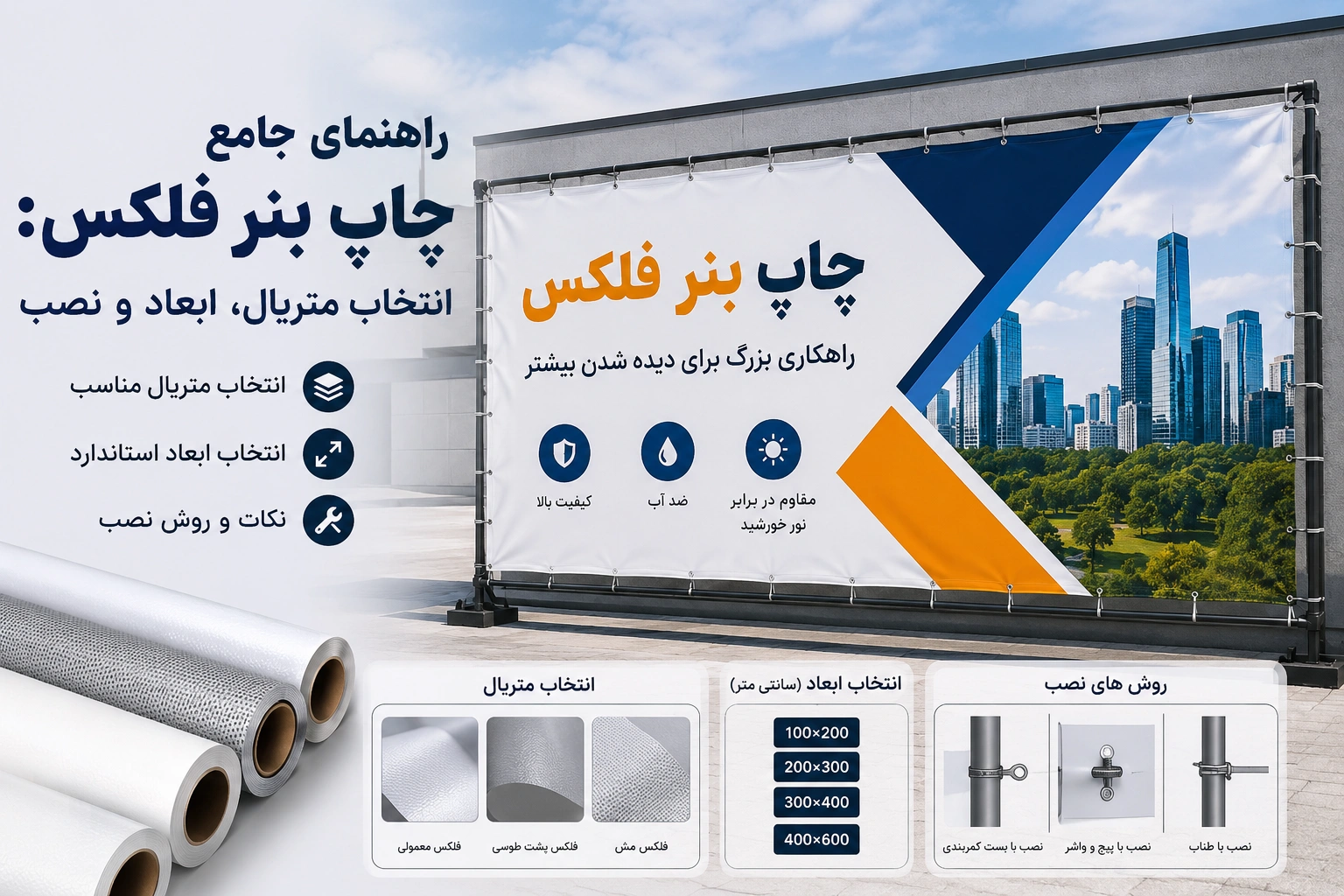 راهنمای جامع چاپ بنر فلکس: انتخاب متریال، ابعاد و نصب